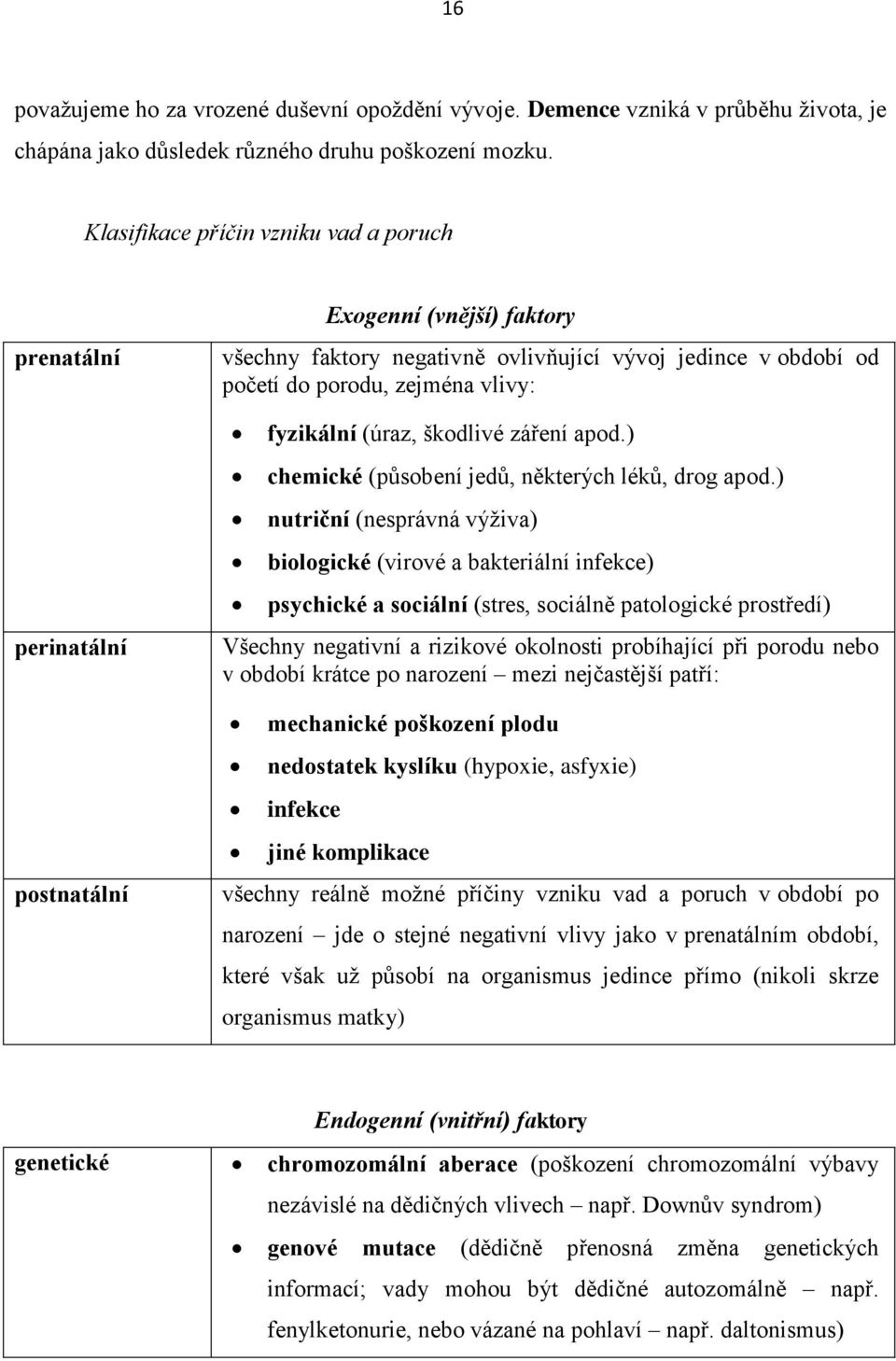 fyzikální (úraz, škodlivé záření apod.) chemické (působení jedů, některých léků, drog apod.