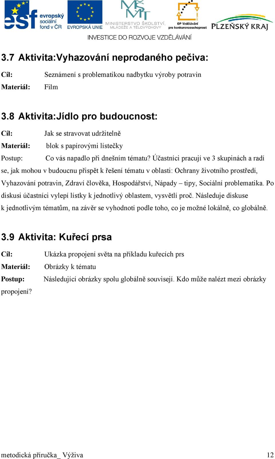 Účastníci pracují ve 3 skupinách a radí se, jak mohou v budoucnu přispět k řešení tématu v oblasti: Ochrany životního prostředí, Vyhazování potravin, Zdraví člověka, Hospodářství, Nápady tipy,