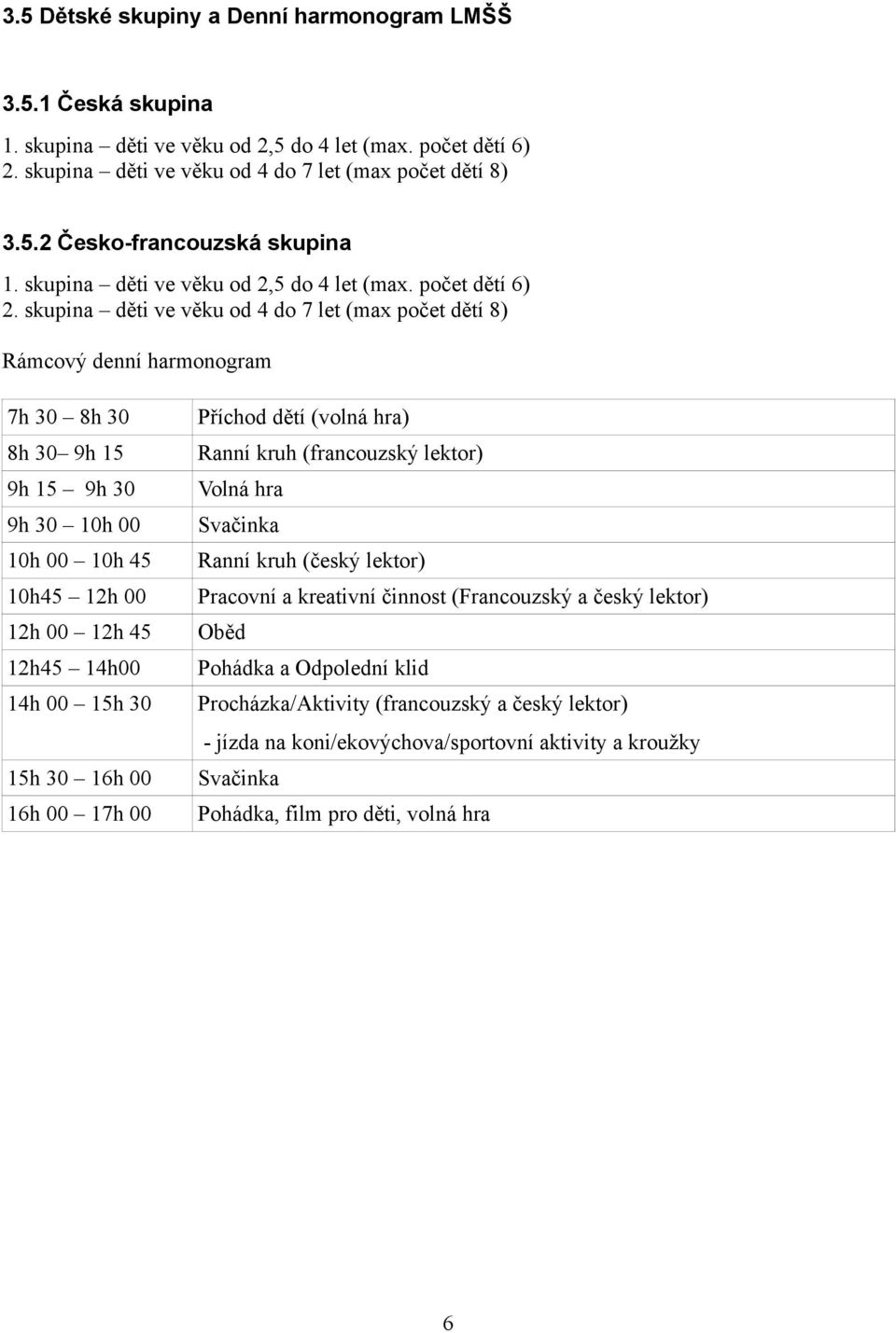 skupina děti ve věku od 4 do 7 let (max počet dětí 8) Rámcovy denní harmonogram 7h 30 8h 30 8h 30 9h 15 9h 15 9h 30 9h 30 10h 00 10h 00 10h 45 10h45 12h 00 12h 00 12h 45 12h45 14h00 14h 00 15h 30 15h