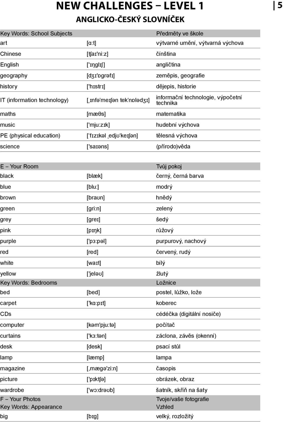 hudební výchova PE (physical education) [ˈfɪzɪkəl ˌedjʊˈkeɪʃən] tělesná výchova science ['saɪəns] (přírodo)věda E Your Room Tvůj pokoj black [blæk] černý, černá barva blue [blu:] modrý brown [braʊn]