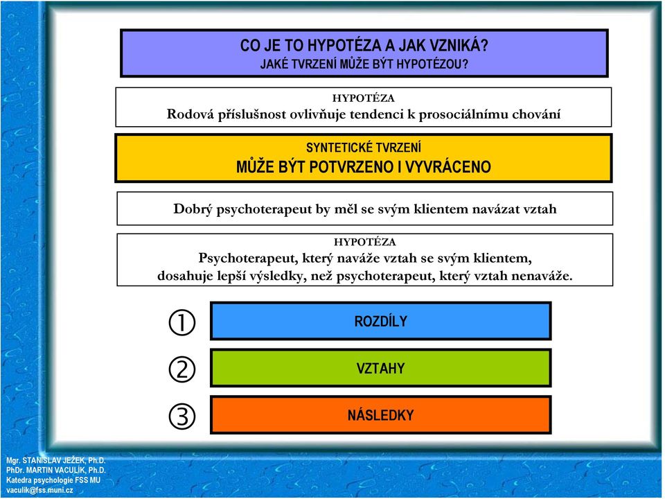 POTVRZENO I VYVRÁCENO Dobrý psychoterapeut by měl se svým klientem navázat vztah HYPOTÉZA