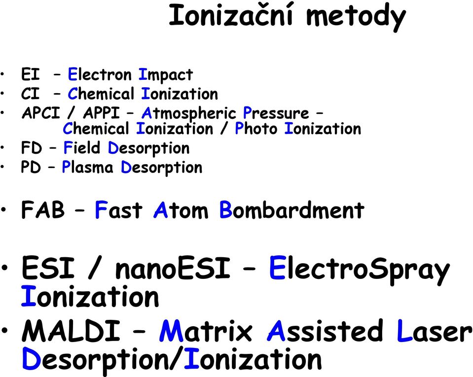 Desorption PD Plasma Desorption FAB Fast Atom Bombardment ESI / nanoesi