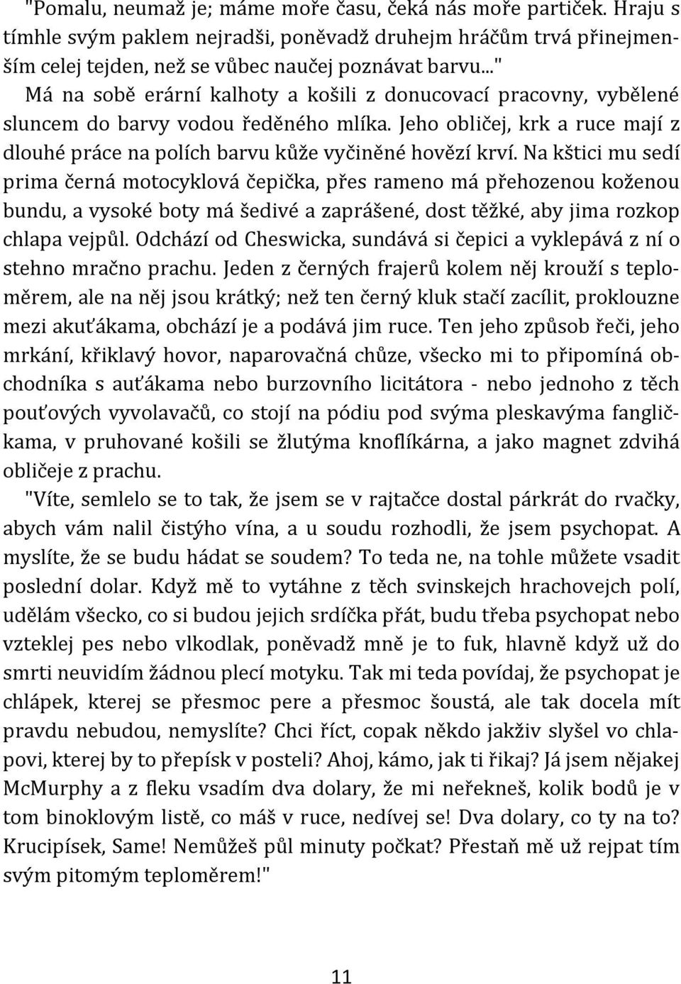 Na kštici mu sedí prima černá motocyklová čepička, přes rameno má přehozenou koženou bundu, a vysoké boty má šedivé a zaprášené, dost těžké, aby jima rozkop chlapa vejpůl.