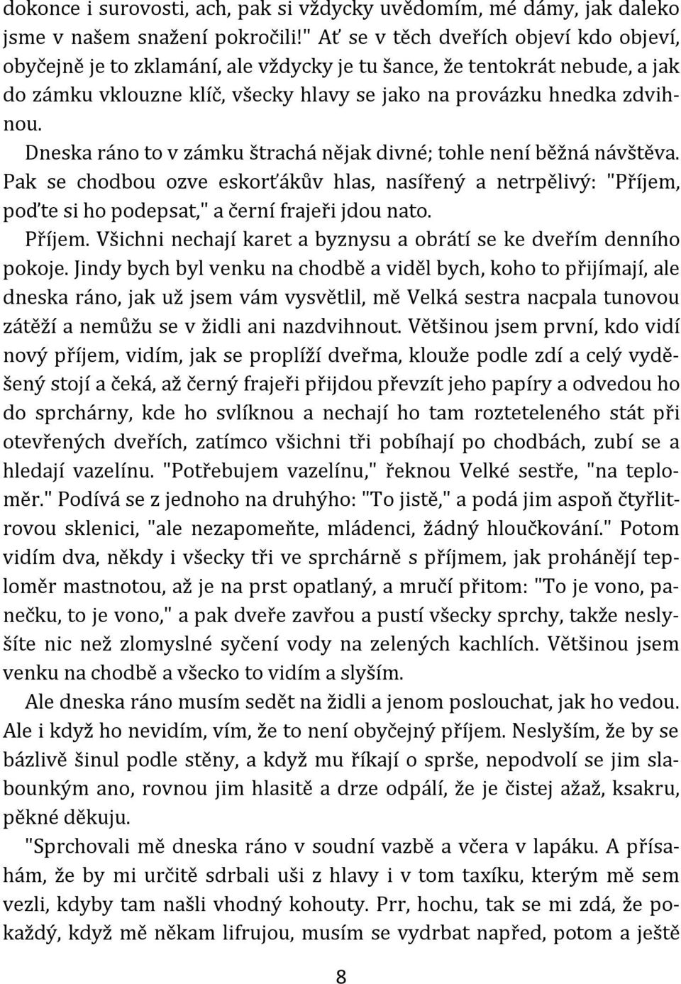 Dneska ráno to v zámku štrachá nějak divné; tohle není běžná návštěva. Pak se chodbou ozve eskorťákův hlas, nasířený a netrpělivý: "Příjem, poďte si ho podepsat," a černí frajeři jdou nato. Příjem.