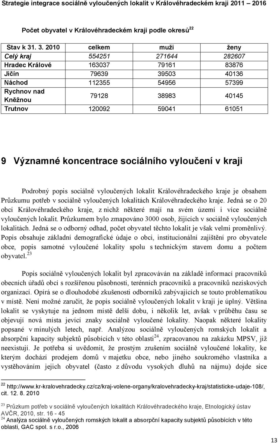 59041 61051 9 Významné koncentrace sociálního vyloučení v kraji Podrobný popis sociálně vyloučených lokalit Královéhradeckého kraje je obsahem Průzkumu potřeb v sociálně vyloučených lokalitách