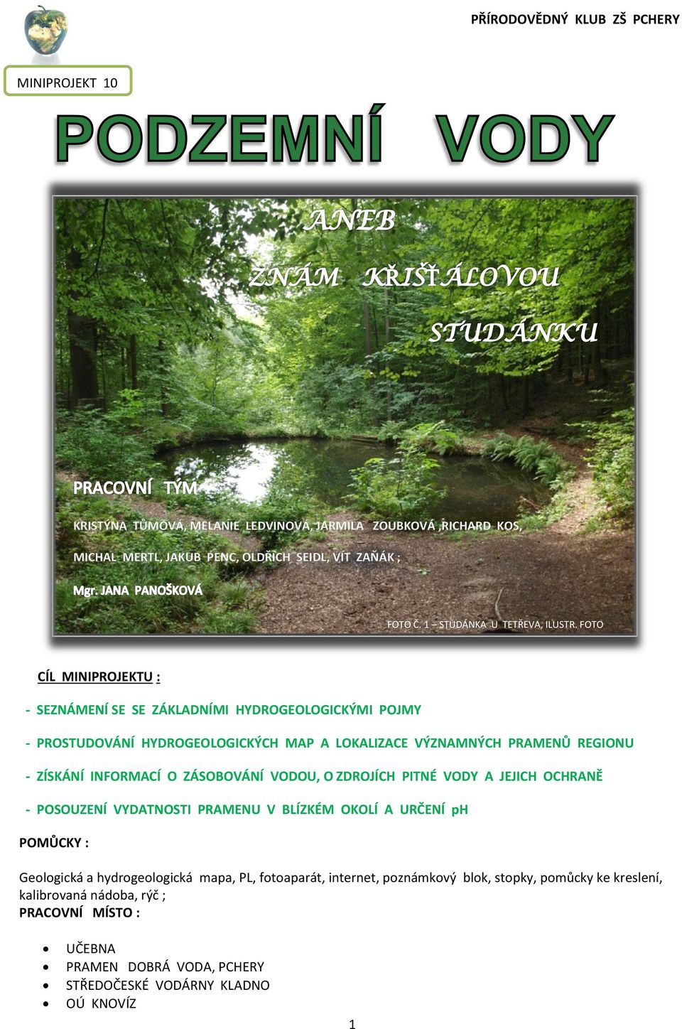 O ZÁSOBOVÁNÍ VODOU, O ZDROJÍCH PITNÉ VODY A JEJICH OCHRANĚ - POSOUZENÍ VYDATNOSTI PRAMENU V BLÍZKÉM OKOLÍ A URČENÍ ph POMŮCKY : Geologická a hydrogeologická mapa, PL,