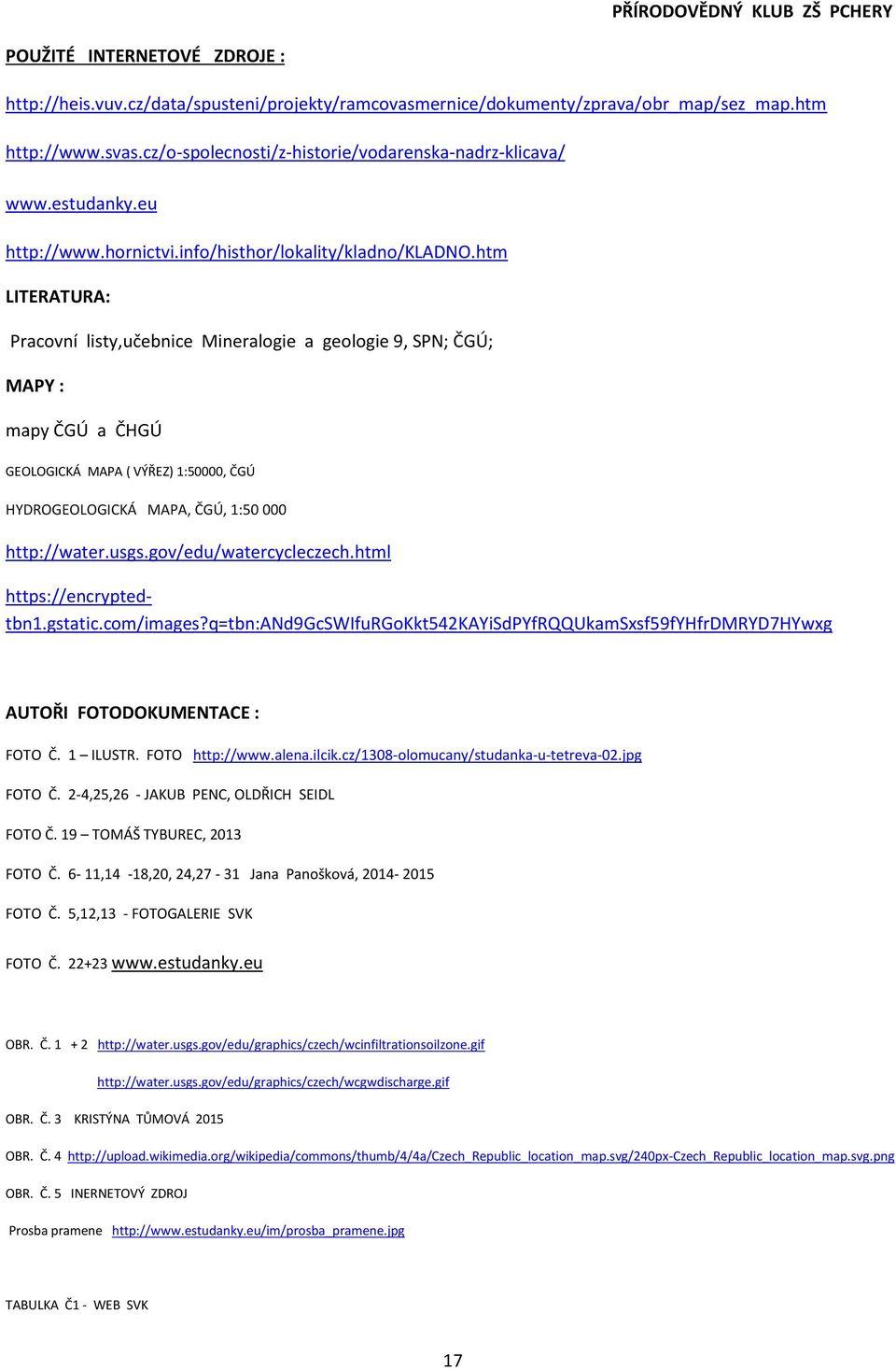 htm LITERATURA: Pracovní listy,učebnice Mineralogie a geologie 9, SPN; ČGÚ; MAPY : mapy ČGÚ a ČHGÚ GEOLOGICKÁ MAPA ( VÝŘEZ) 1:50000, ČGÚ HYDROGEOLOGICKÁ MAPA, ČGÚ, 1:50 000 http://water.usgs.