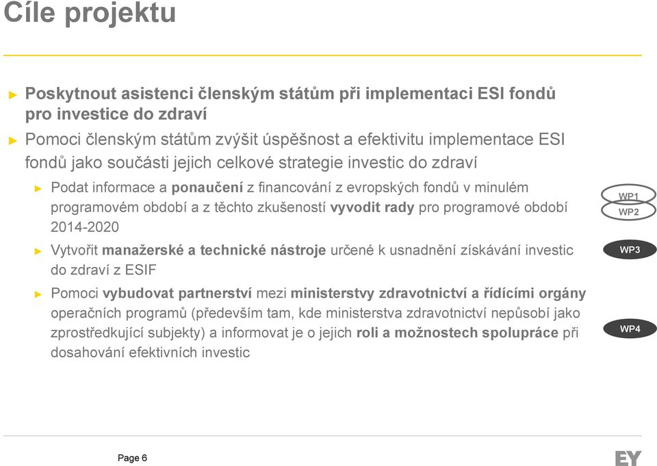 2014-2020 Vytvořit manažerské a technické nástroje určené k usnadnění získávání investic do zdraví z ESIF Pomoci vybudovat partnerství mezi ministerstvy zdravotnictví a řídícími orgány operačních