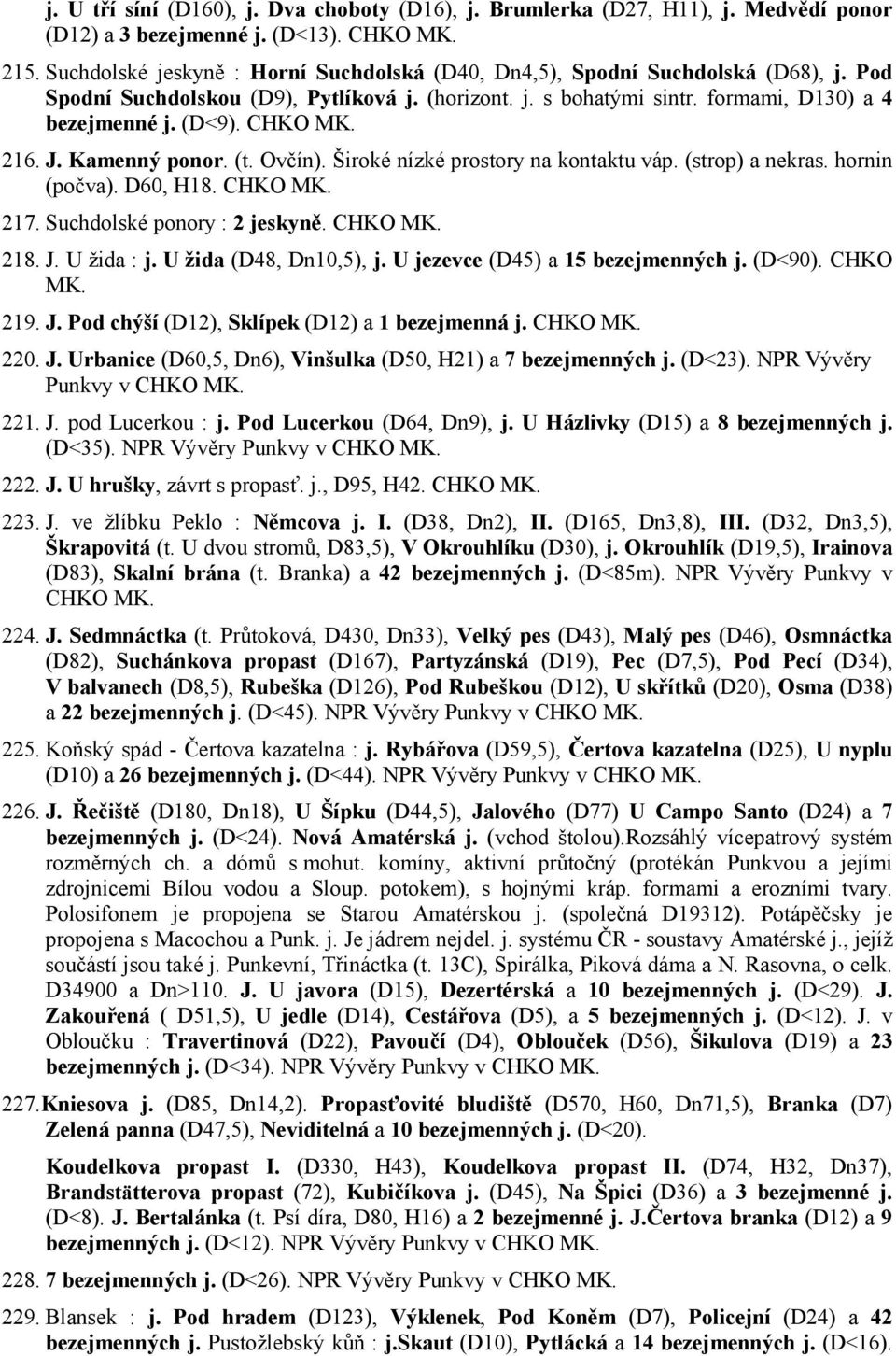 CHKO MK. 216. J. Kamenný ponor. (t. Ovčín). Široké nízké prostory na kontaktu váp. (strop) a nekras. hornin (počva). D60, H18. CHKO MK. 217. Suchdolské ponory : 2 jeskyně. CHKO MK. 218. J. U žida : j.