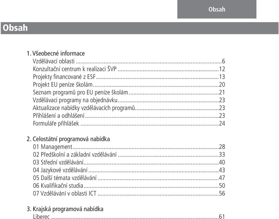 ..23 Formuláře přihlášek...24 2. Celostátní programová nabídka 01 Management...28 02 Předškolní a základní vzdělávání...33 03 Střední vzdělávání.