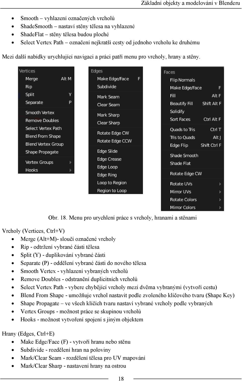 Menu pro urychlení práce s vrcholy, hranami a stěnami Vrcholy (Vertices, Ctrl+V) Merge (Alt+M)- sloučí označené vrcholy Rip - odtržení vybrané části tělesa Split (Y) - duplikování vybrané části