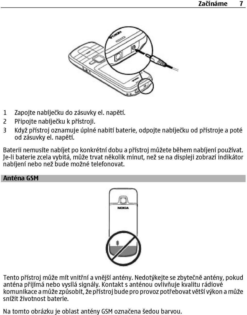 Je-li baterie zcela vybitá, může trvat několik minut, než se na displeji zobrazí indikátor nabíjení nebo než bude možné telefonovat. Anténa GSM Tento přístroj může mít vnitřní a vnější antény.