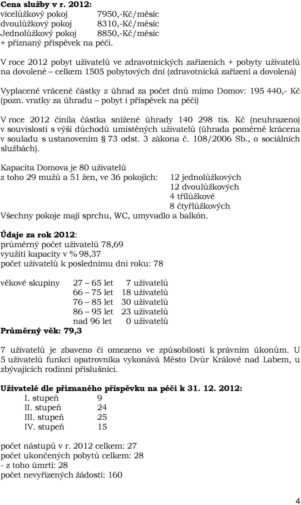 mimo Domov: 195 440,- Kč (pozn. vratky za úhradu pobyt i příspěvek na péči) V roce 2012 činila částka snížené úhrady 140 298 tis.