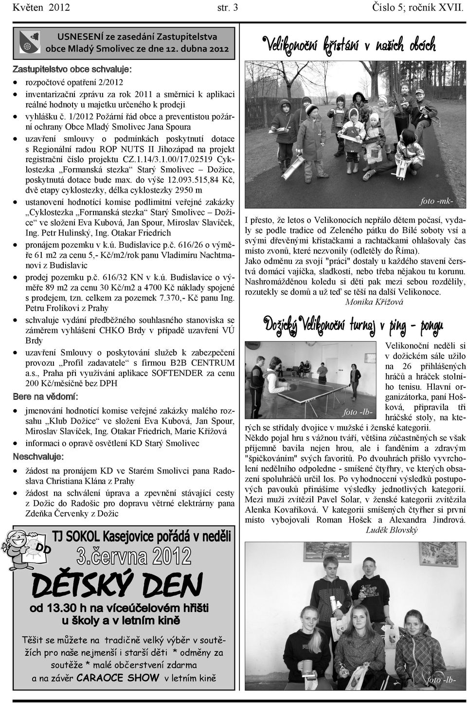 1/2012 Poţární řád obce a preventistou poţární ochrany Obce Mladý Smolivec Jana Spoura uzavření smlouvy o podmínkách poskytnutí dotace s Regionální radou ROP NUTS II Jihozápad na projekt registrační