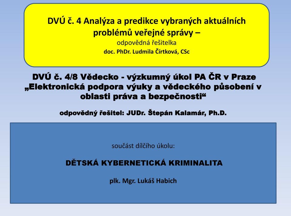 PhDr. Ludmila Čírtková, CSc  4/8 Vědecko - výzkumný úkol PA ČR v Praze Elektronická podpora