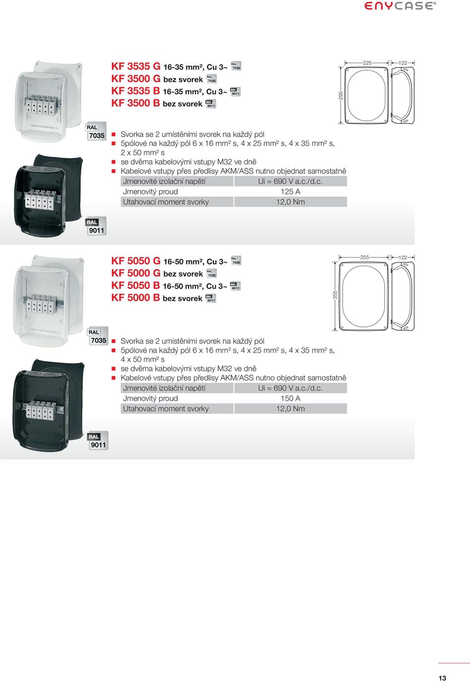 12,0 Nm KF 5050 G 16-50 mm², Cu 3~ KF 5000 G bez svorek KF 5050 B 16-50 mm², Cu 3~ KF 5000 B bez svorek 355 255 122