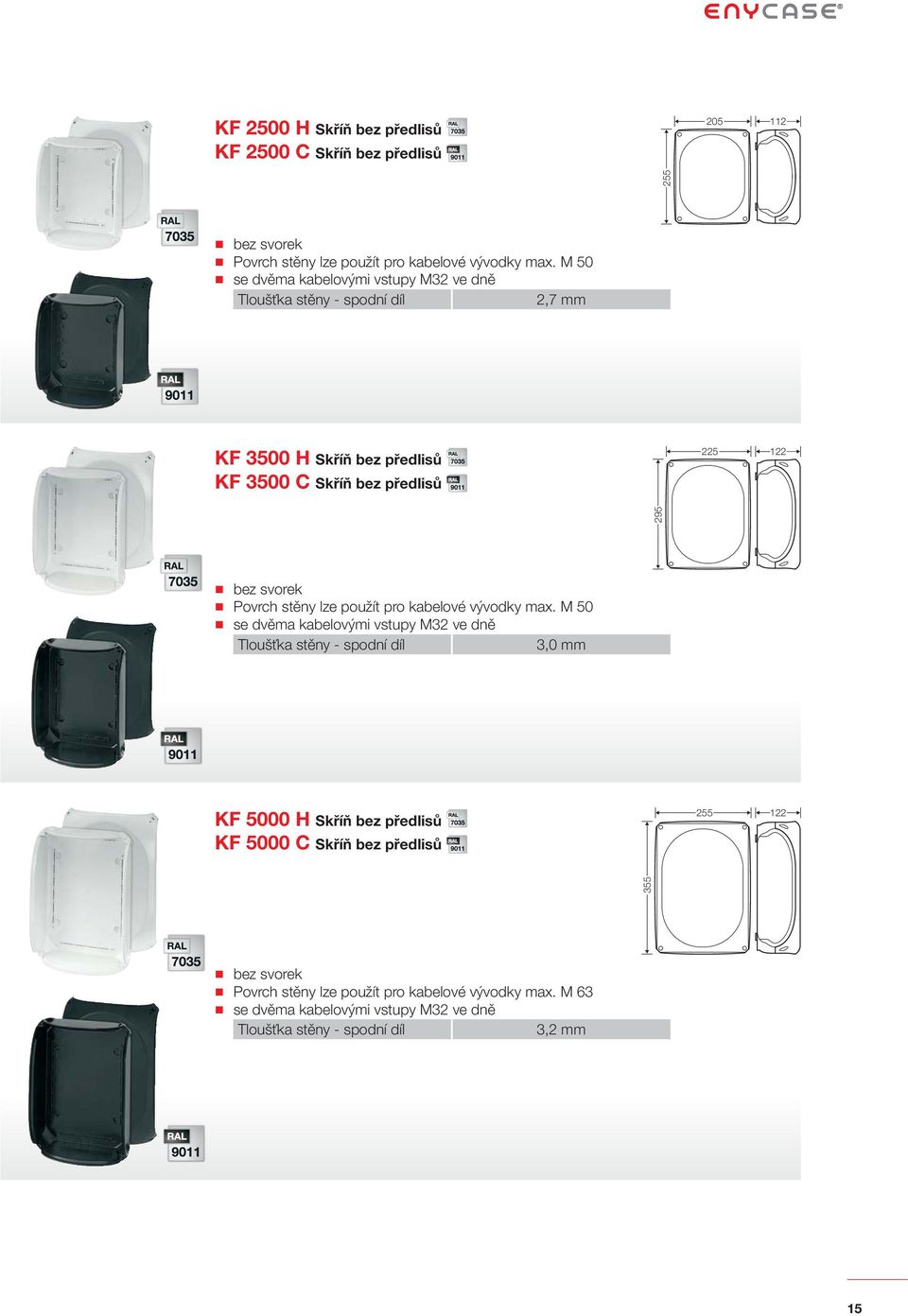 M 50 se dvěma kabelovými vstupy M32 ve dně Tloušťka stěny - spodní díl 3,0 mm KF 5000 H Skříň bez předlisů KF 5000 C Skříň bez předlisů 255 122 355 255 bez