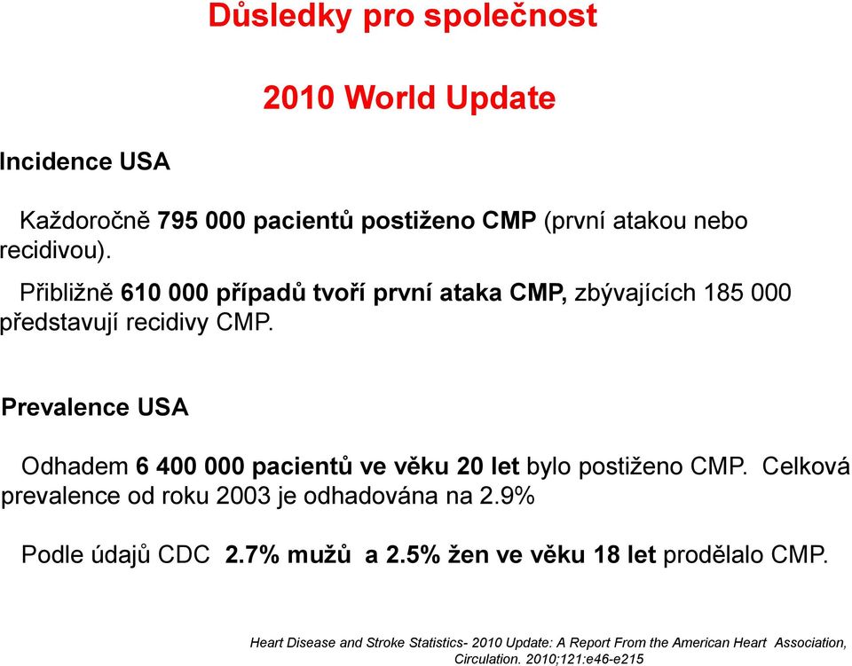 Prevalence USA Odhadem 6 400 000 pacientů ve věku 20 let bylo postiženo CMP. Celková prevalence od roku 2003 je odhadována na 2.