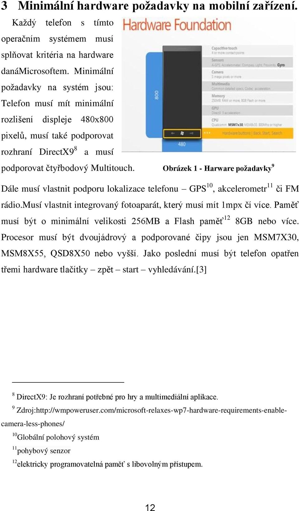 Obrázek 1 - Harware požadavky 9 Dále musí vlastnit podporu lokalizace telefonu GPS 10, akcelerometr 11 či FM rádio.musí vlastnit integrovaný fotoaparát, který musí mít 1mpx čí více.