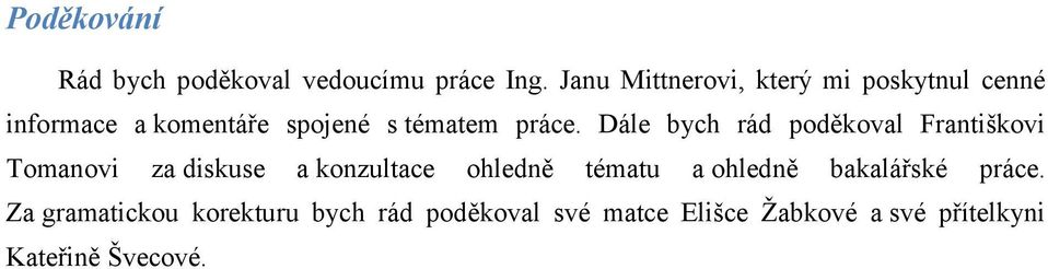 Dále bych rád poděkoval Františkovi Tomanovi za diskuse a konzultace ohledně tématu a