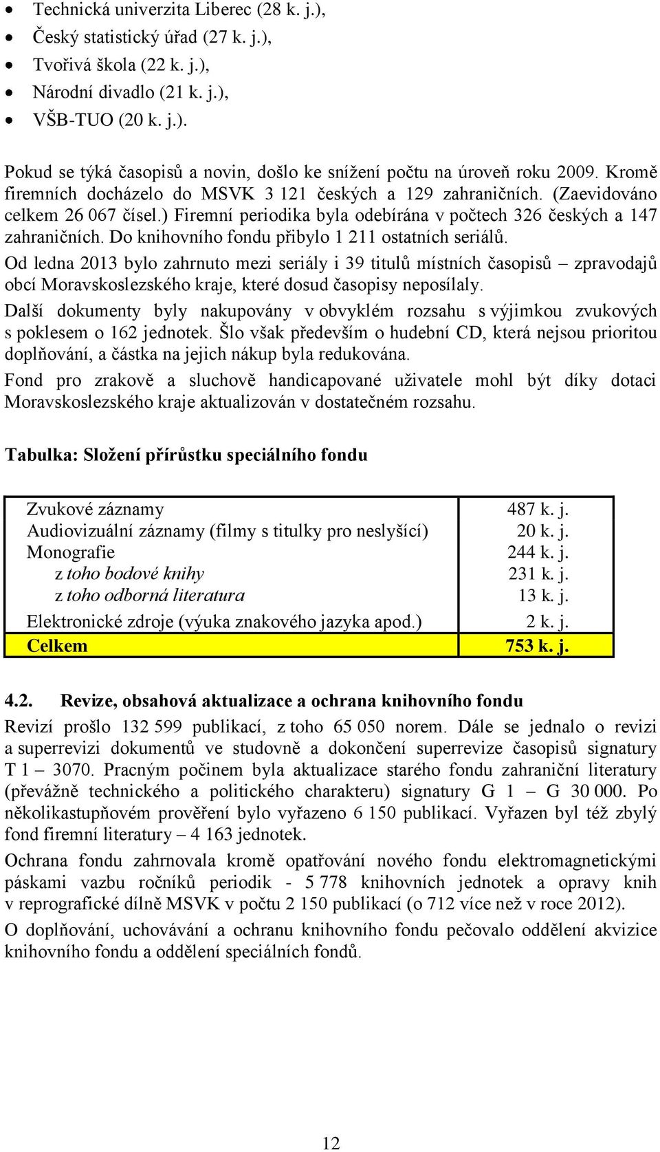 Do knihovního fondu přibylo 1 211 ostatních seriálů. Od ledna 2013 bylo zahrnuto mezi seriály i 39 titulů místních časopisů zpravodajů obcí Moravskoslezského kraje, které dosud časopisy neposílaly.