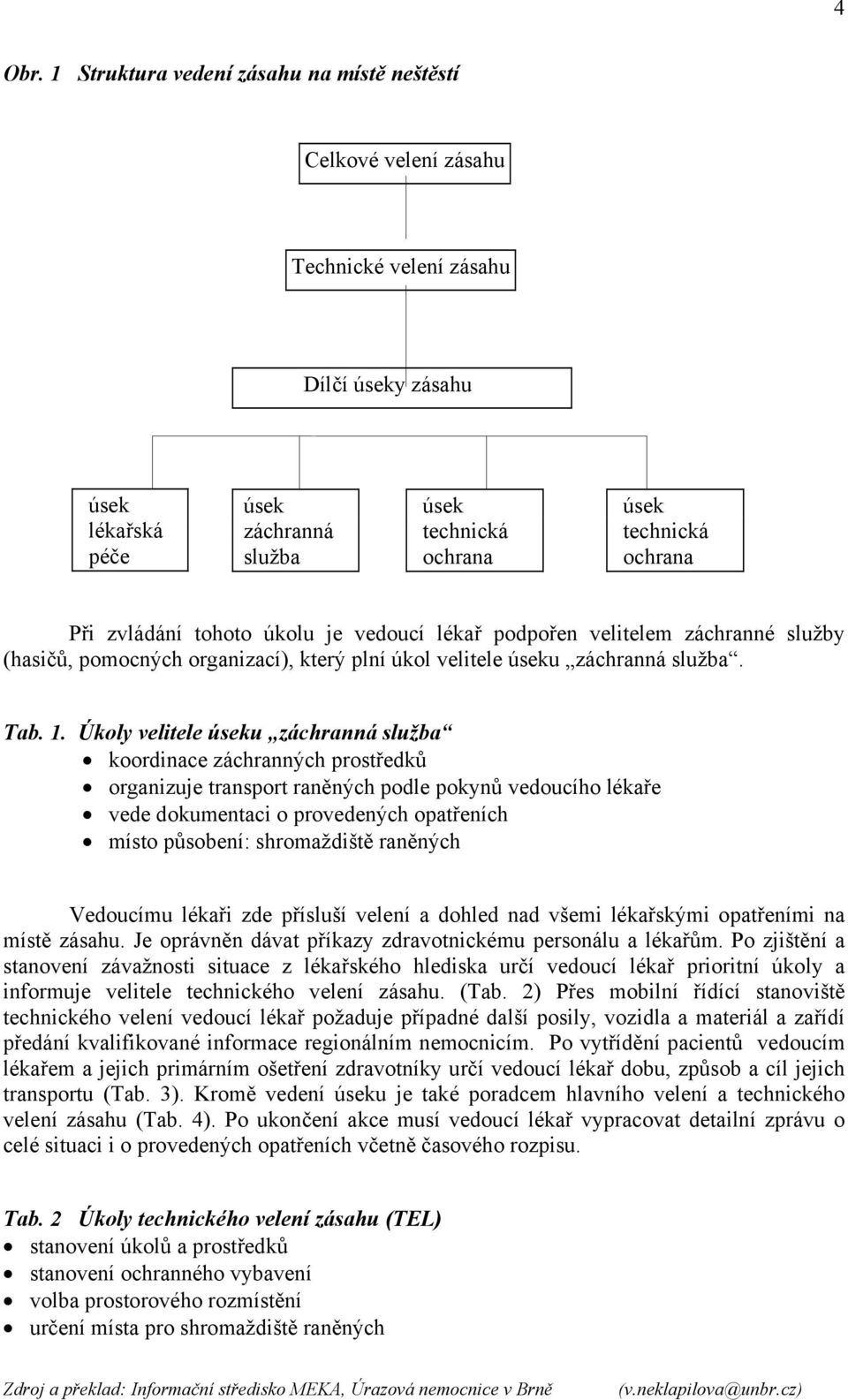 zvládání tohoto úkolu je vedoucí lékař podpořen velitelem záchranné služby (hasičů, pomocných organizací), který plní úkol velitele úseku záchranná služba. Tab. 1.