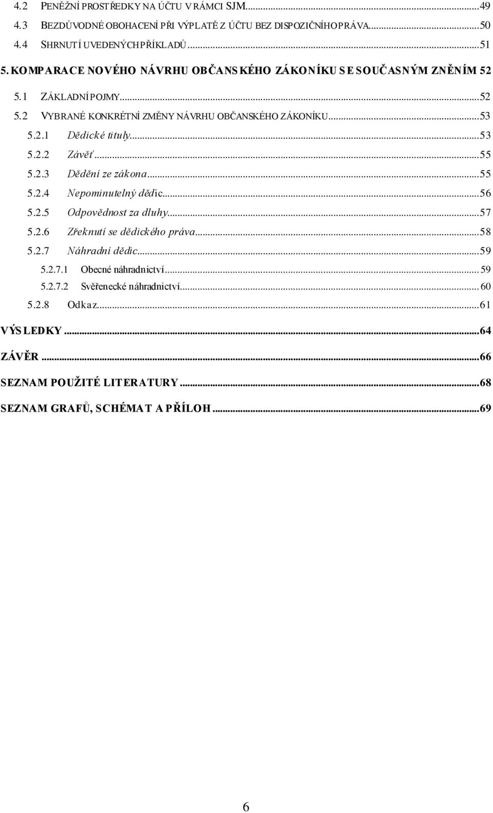 .. 53 5.2.2 Závěť... 55 5.2.3 Dědění ze zákona... 55 5.2.4 Nepominutelný dědic... 56 5.2.5 Odpovědnost za dluhy... 57 5.2.6 Zřeknutí se dědického práva... 58 5.2.7 Náhradní dědic.