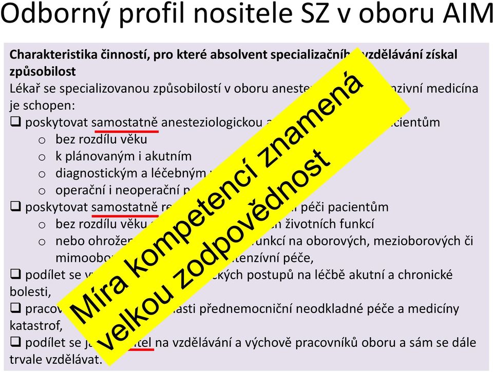 neoperační povahy, poskytovat samostatně resuscitační a intenzívní péči pacientům o bez rozdílu věku se selháním základních životních funkcí o nebo ohroženým selháním těchto funkcí na oborových,