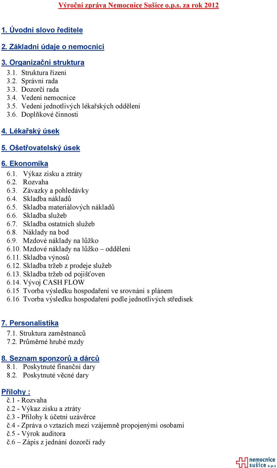 5. Skladba materiálových nákladů 6.6. Skladba služeb 6.7. Skladba ostatních služeb 6.8. Náklady na bod 6.9. Mzdové náklady na lůžko 6.10. Mzdové náklady na lůžko oddělení 6.11. Skladba výnosů 6.12.