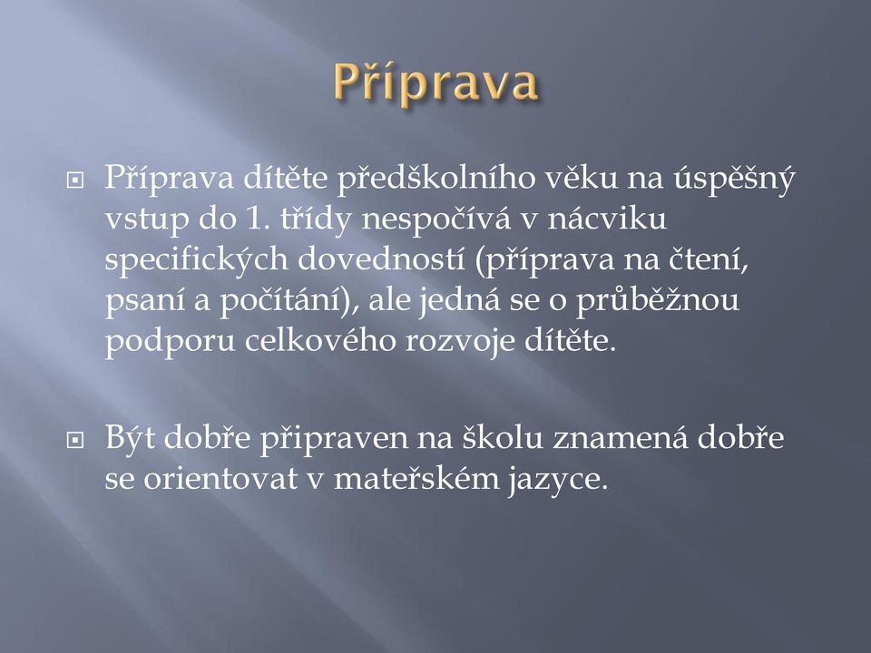 psaní a počítání), ale jedná se o průběžnou podporu celkového rozvoje