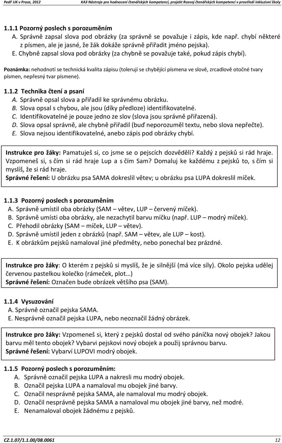 Poznámka: nehodnotí se technická kvalita zápisu (tolerují se chybějící písmena ve slově, zrcadlově otočné tvary písmen, nepřesný tvar písmene). 1.1.2 Technika čtení a psaní A.
