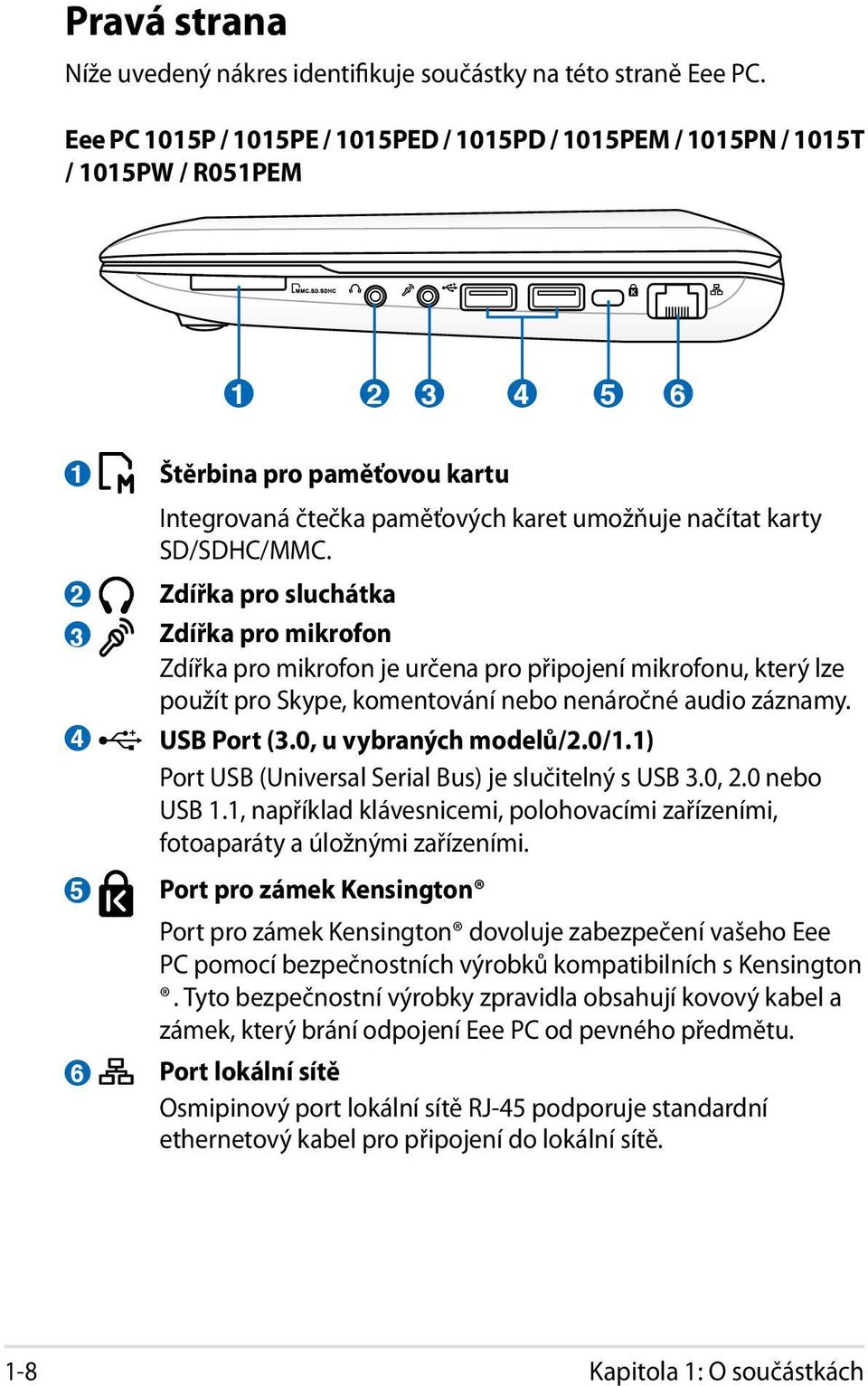 SD/SDHC/MMC. Zdířka pro sluchátka Zdířka pro mikrofon Zdířka pro mikrofon je určena pro připojení mikrofonu, který lze použít pro Skype, komentování nebo nenáročné audio záznamy. USB Port (3.