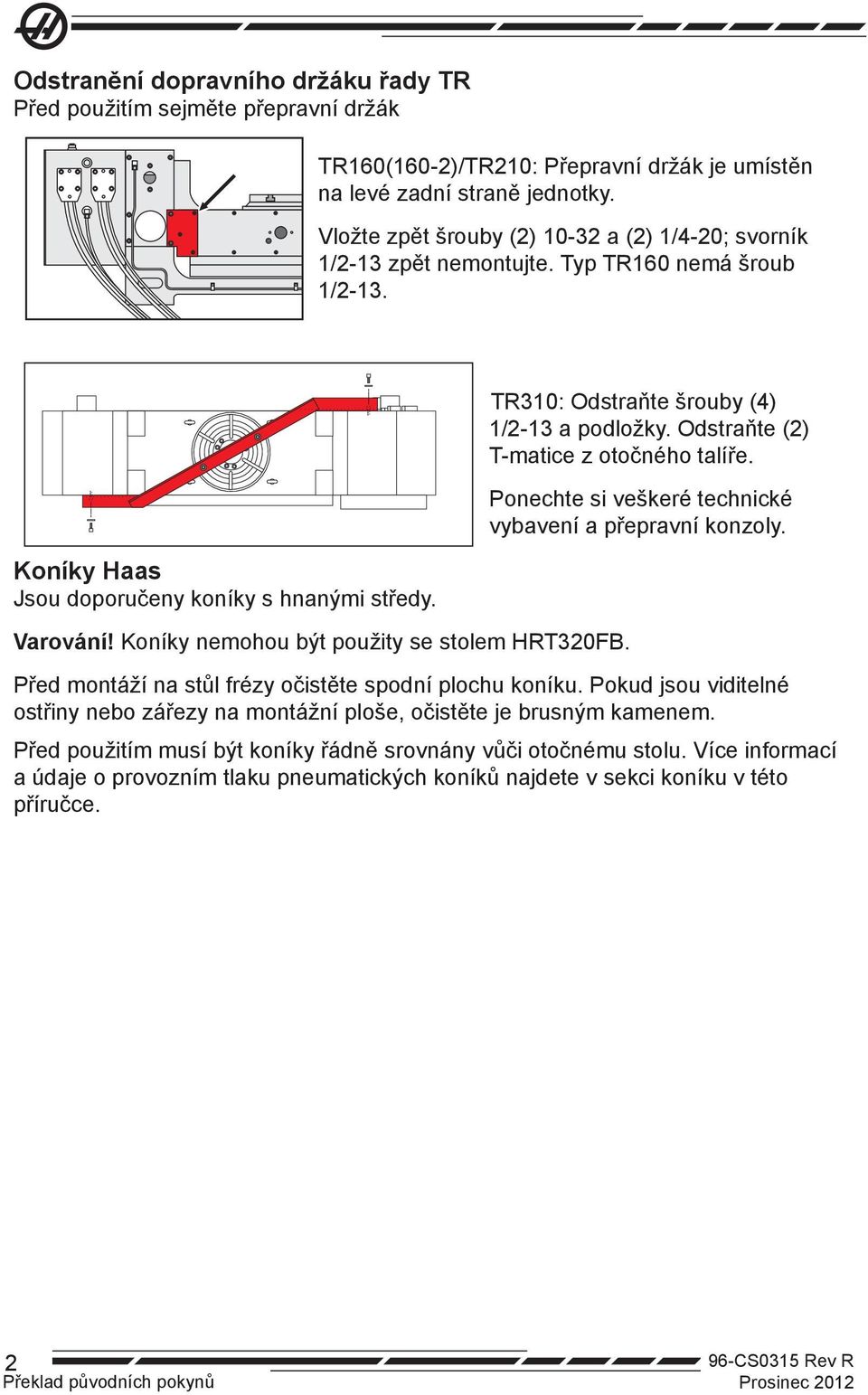 Koníky nemohou být použity se stolem HRT320FB. TR310: Odstraňte šrouby (4) 1/2-13 a podložky. Odstraňte (2) T-matice z otočného talíře. Ponechte si veškeré technické vybavení a přepravní konzoly.