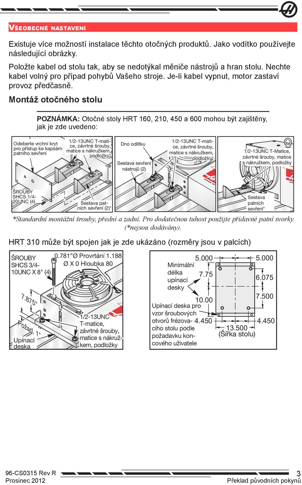 Montáž otočného stolu POZNÁMKA: Otočné stoly HRT 160, 210, 450 a 600 mohou být zajištěny, jak je zde uvedeno: 1/2-13UNC T-matiOdeberte vrchní kryt ce, závrtné šrouby, pro přístup ke kapsám matice s