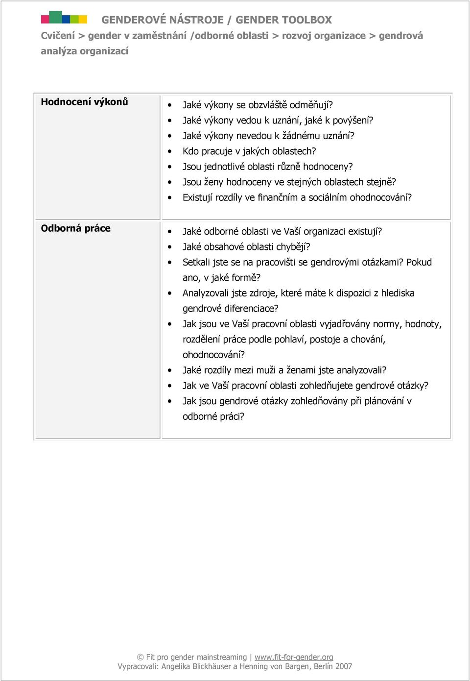Odborná práce Jaké odborné oblasti ve Vaší organizaci existují? Jaké obsahové oblasti chybějí? Setkali jste se na pracovišti se gendrovými otázkami? Pokud ano, v jaké formě?