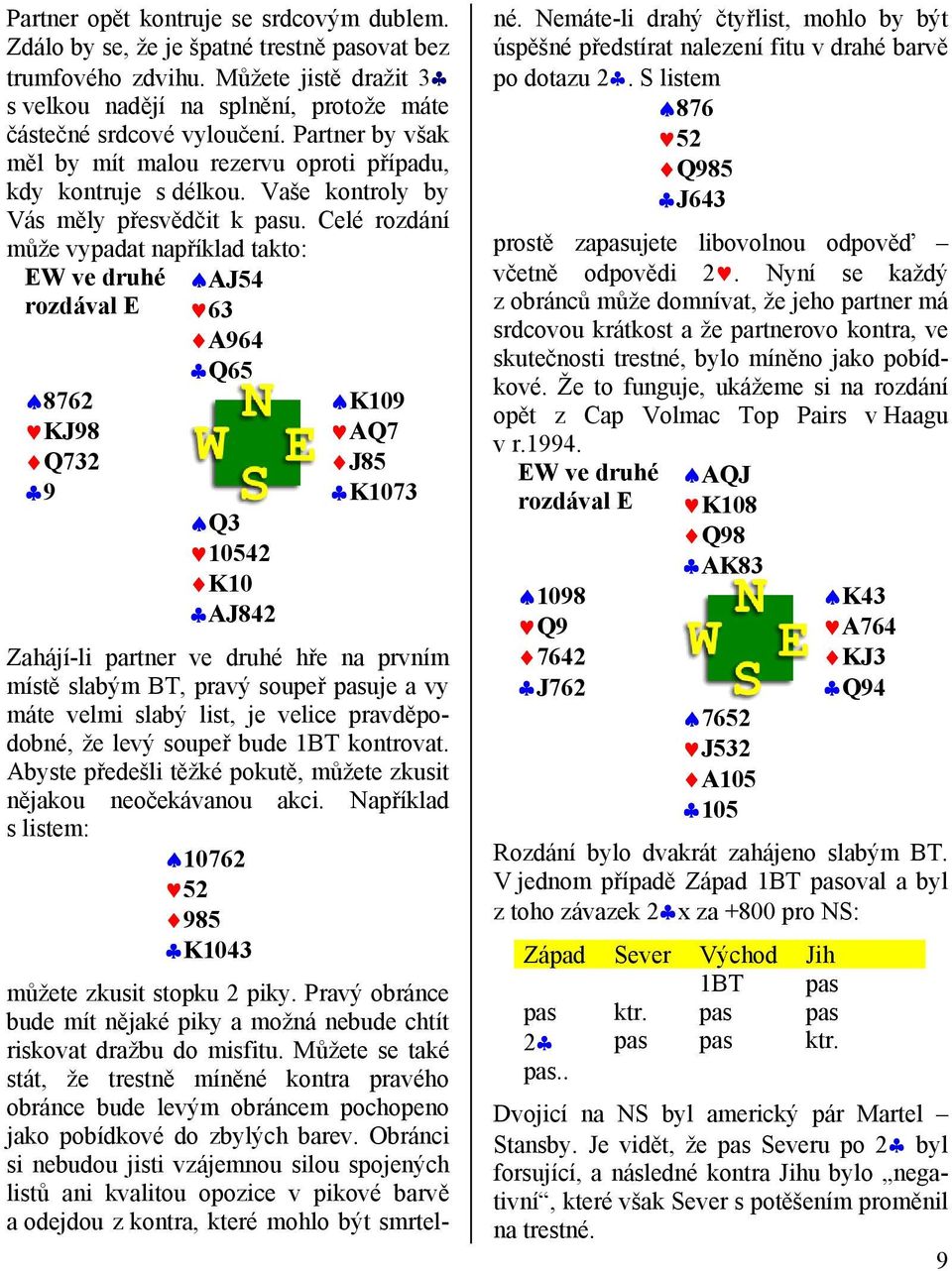 Celé rozdání může vypadat například takto: EW ve druhé rozdával E 8762 KJ98 Q732 9 AJ54 63 A964 Q65 Q3 10542 K10 AJ842 K109 AQ7 J85 K1073 Zahájí-li partner ve druhé hře na prvním místě slabým BT,