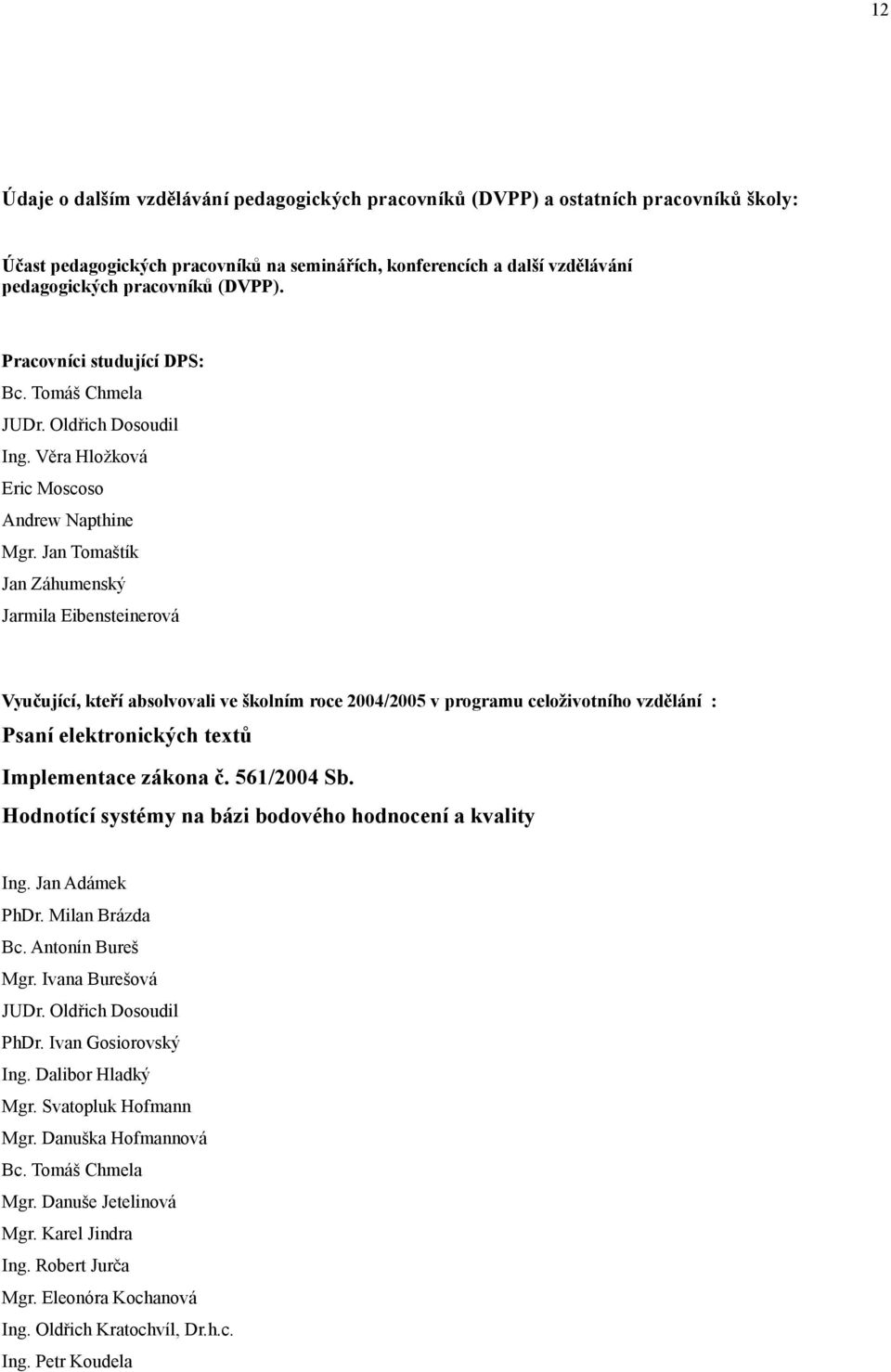 Tomaštík Záhumenský Jarmila Eibensteinerová Vyučující, kteří absolvovali ve školním roce 2004/2005 v programu celoživotního vzdělání : Psaní elektronických textů Implementace zákona č. 56/2004 Sb.