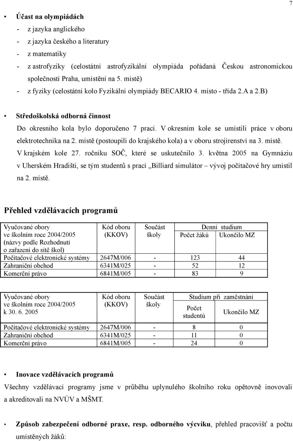 V okresním kole se umístili práce v oboru elektrotechnika na 2. místě (postoupili do krajského kola) a v oboru strojírenství na 3. místě. V krajském kole 27. ročníku SOČ, které se uskutečnilo 3.