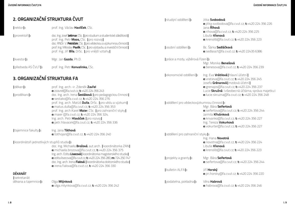 pro výstavbu a investiční činnost prof. Ing. Jiří Bíla, DrSc. pro vnější vztahy studijní oddělení : osobní oddělení : Jitka Svobodová e: jitka.svobodova@fa.cvut.
