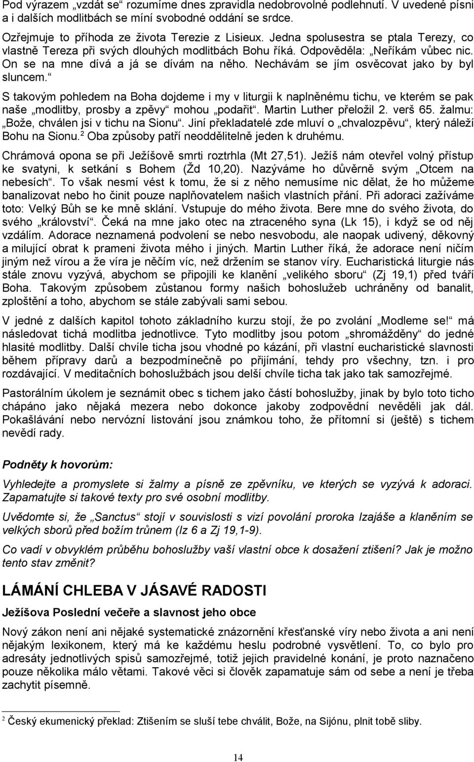 Nechávám se jím osvěcovat jako by byl sluncem. S takovým pohledem na Boha dojdeme i my v liturgii k naplněnému tichu, ve kterém se pak naše modlitby, prosby a zpěvy mohou podařit.