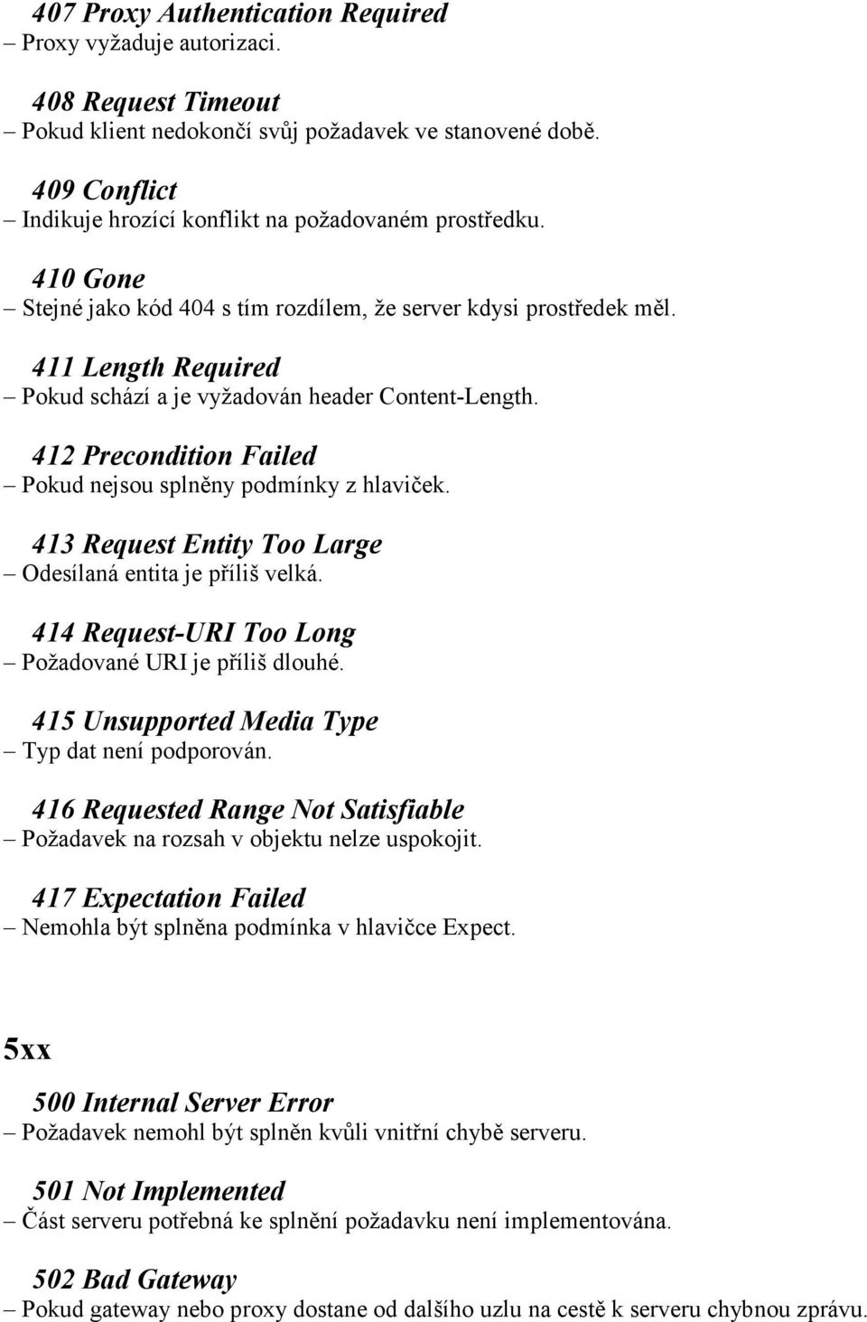 411 Length Required Pokud schází a je vyžadován header Content-Length. 412 Precondition Failed Pokud nejsou splněny podmínky z hlaviček. 413 Request Entity Too Large Odesílaná entita je příliš velká.