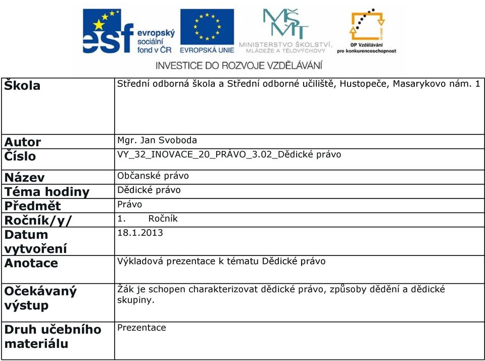 Jan Svoboda VY_32_INOVACE_20_PRÁVO_3.02_Dědické právo Občanské právo Dědické právo 18