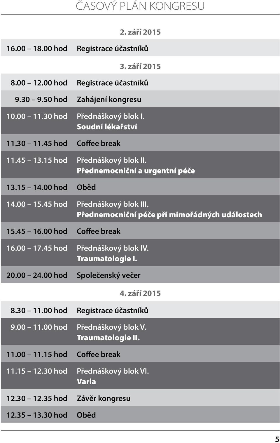 Přednemocniční péče při mimořádných událostech 15.45 16.00 hod Coffee break 16.00 17.45 hod Přednáškový blok IV. Traumatologie I. 20.00 24.00 hod Společenský večer 4. září 2015 8.30 11.