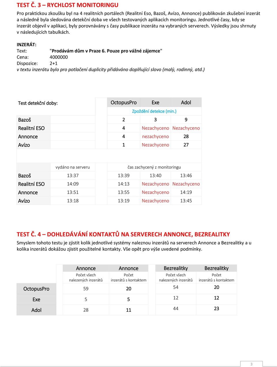 testovaných aplikacích monitoringu. Jednotlivé časy, kdy se inzerát objevil v aplikaci, byly porovnávány s časy publikace inzerátu na vybraných serverech.