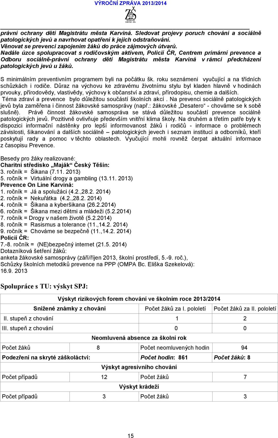 Nadále úzce spolupracovat s rodičovským aktivem, Policií ČR, Centrem primární prevence a Odboru sociálně-právní ochrany dětí Magistrátu města Karviná v rámci předcházení patologických jevů u žáků.