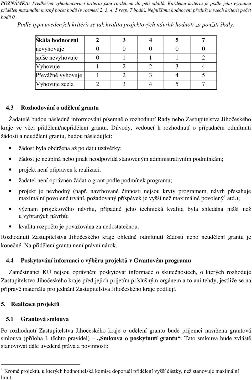 Podle typu uvedených kritérií se tak kvalita projektových návrhů hodnotí za použití škály: Škála hodnocení 2 3 4 5 7 nevyhovuje 0 0 0 0 0 spíše nevyhovuje 0 1 1 1 2 Vyhovuje 1 2 2 3 4 Převážně