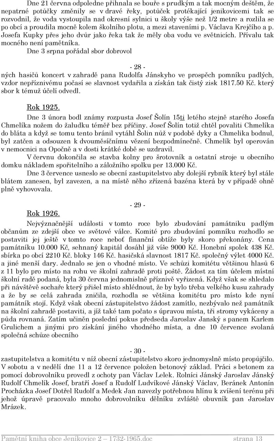 Josefa Kupky přes jeho dvůr jako řeka tak že měly oba vodu ve světnicích. Přívalu tak mocného není pamětníka.