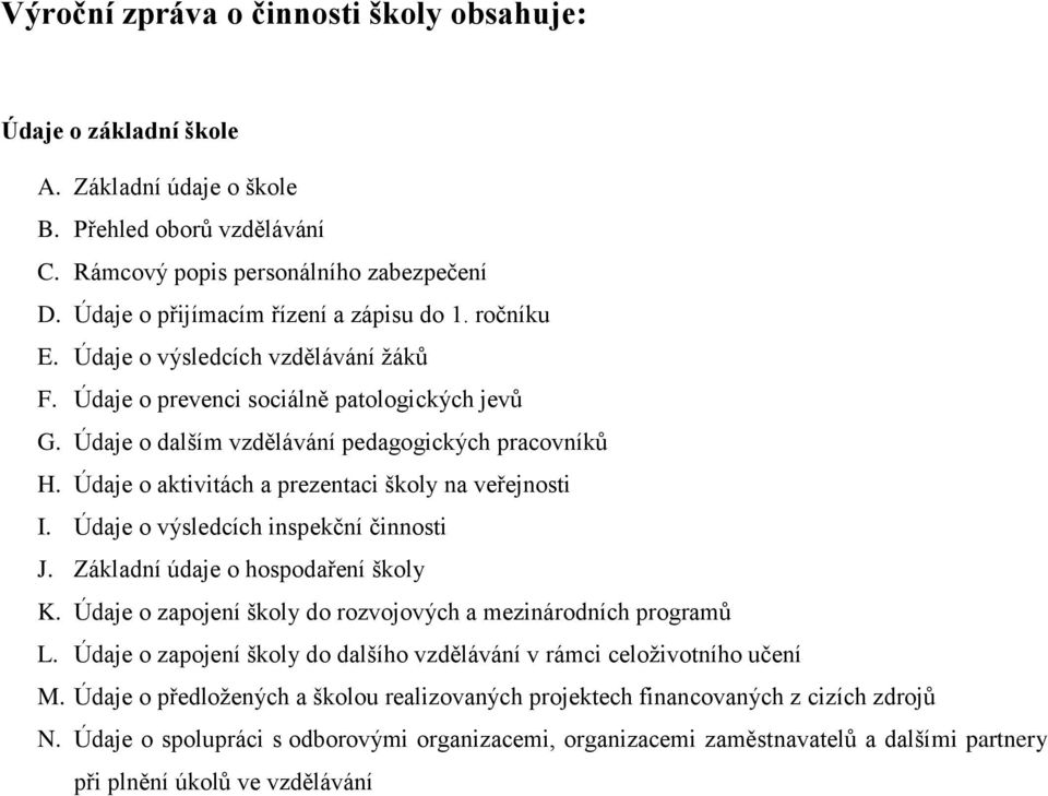 Údaje o aktivitách a prezentaci školy na veřejnosti I. Údaje o výsledcích inspekční činnosti J. Základní údaje o hospodaření školy K. Údaje o zapojení školy do rozvojových a mezinárodních programů L.