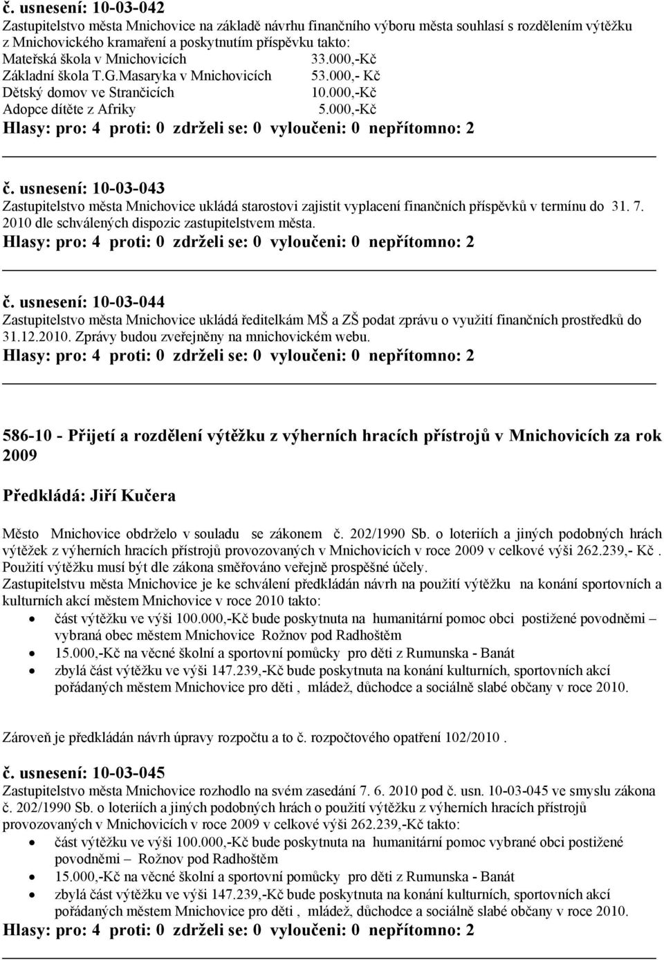 usnesení: 10-03-043 Zastupitelstvo města Mnichovice ukládá starostovi zajistit vyplacení finančních příspěvků v termínu do 31. 7. 2010 dle schválených dispozic zastupitelstvem města. č.