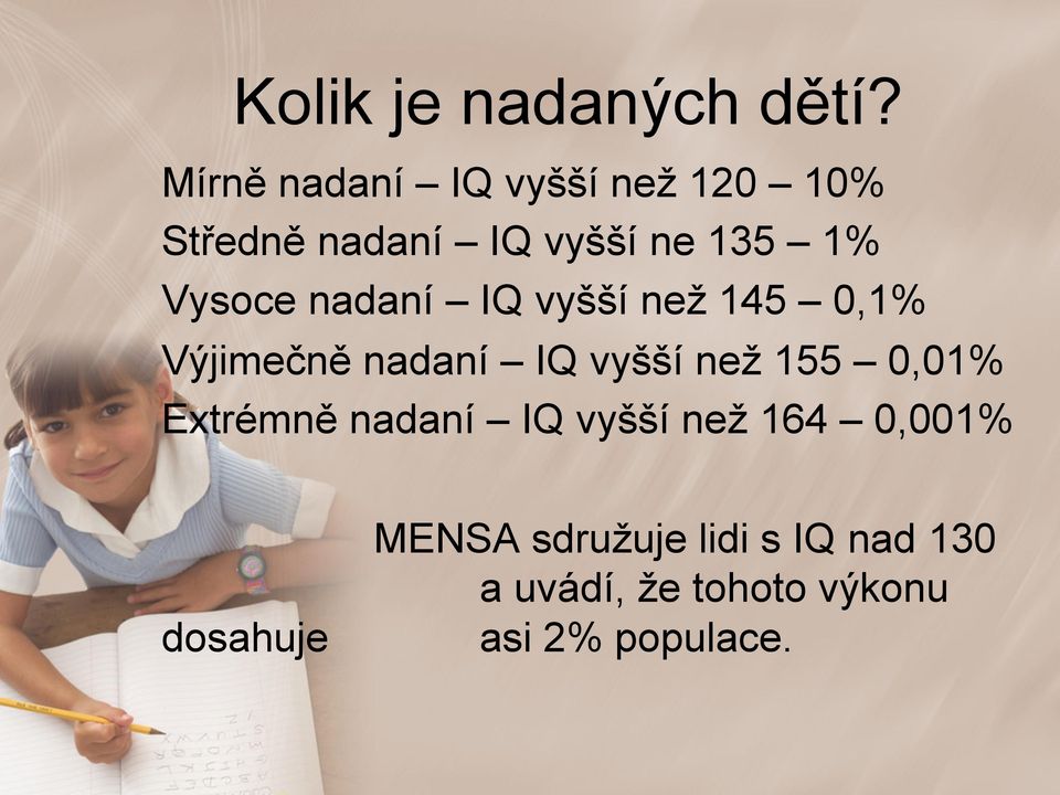 Vysoce nadaní IQ vyšší než 145 0,1% Výjimečně nadaní IQ vyšší než 155